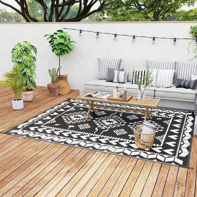 Front. Outsunny - Outdoor Rug for Patio, 8' x 10' Waterproof Large Mat, Reversible Plastic Straw Rug for Décor - Black and White Rhombus Patchwork.