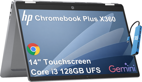 HP - 14" HD Touchscreen Chromebook Plus - Chromebook Plus x360 - Intel Core i3-N305 - 8GB RAM - 128GB - IST HUB - Chrome OS - Meteor silver