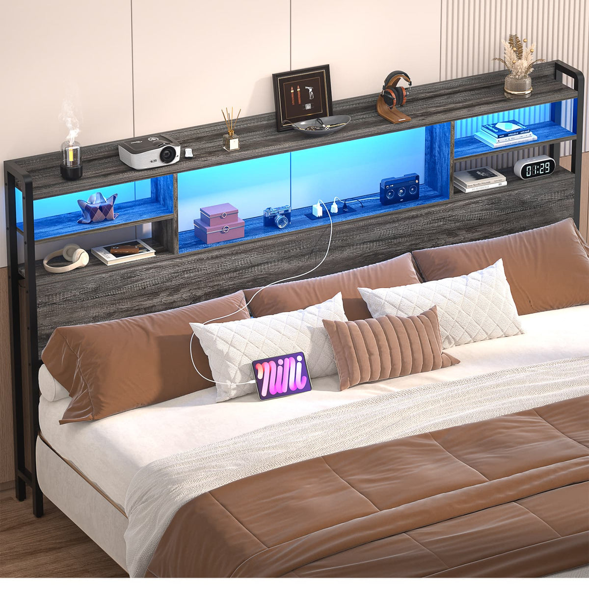 Aheaplus - King Size Headboard with Power Outlet and RGB LED Lights, Headboard with Storage Shelves - Gray Oak
