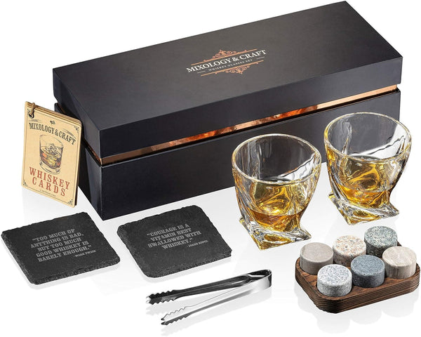 Zulay Kitchen - Whiskey Glasses Stones Gift Set for Men with a Classy Gift Box and 6 Granite Round Whiskey Stones - Clear