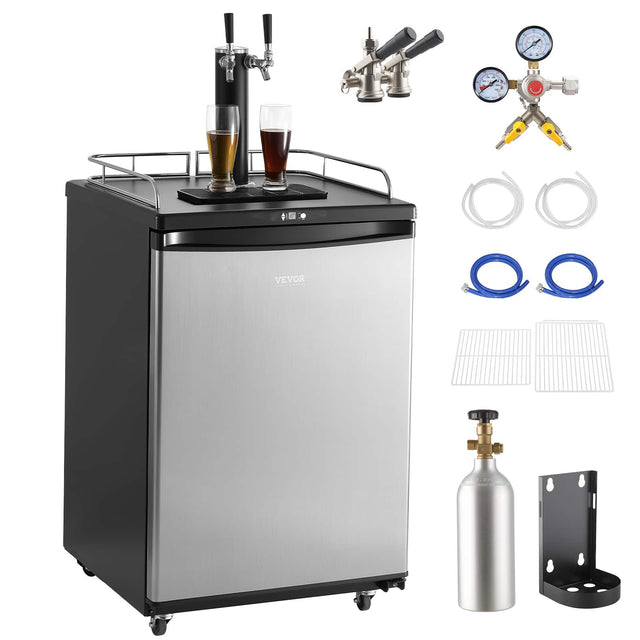 Front. VEVOR - Beer Kegerator, Dual Tap Draft Beer Dispenser, Full Size Keg Refrigerator With Shelves, CO2 Cylinder, Drip Tray & Rail - Black,Grey.