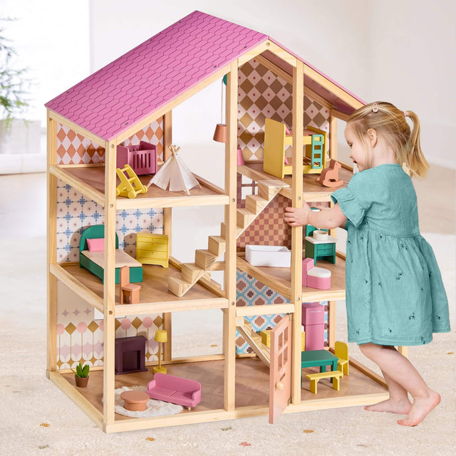 Front. Tiny Land - 3-Story Wooden Dollhouse with 6 Rooms, 31-Piece Furniture Set, Open-Back Design, Dolls Not Included - Dusty Pink.