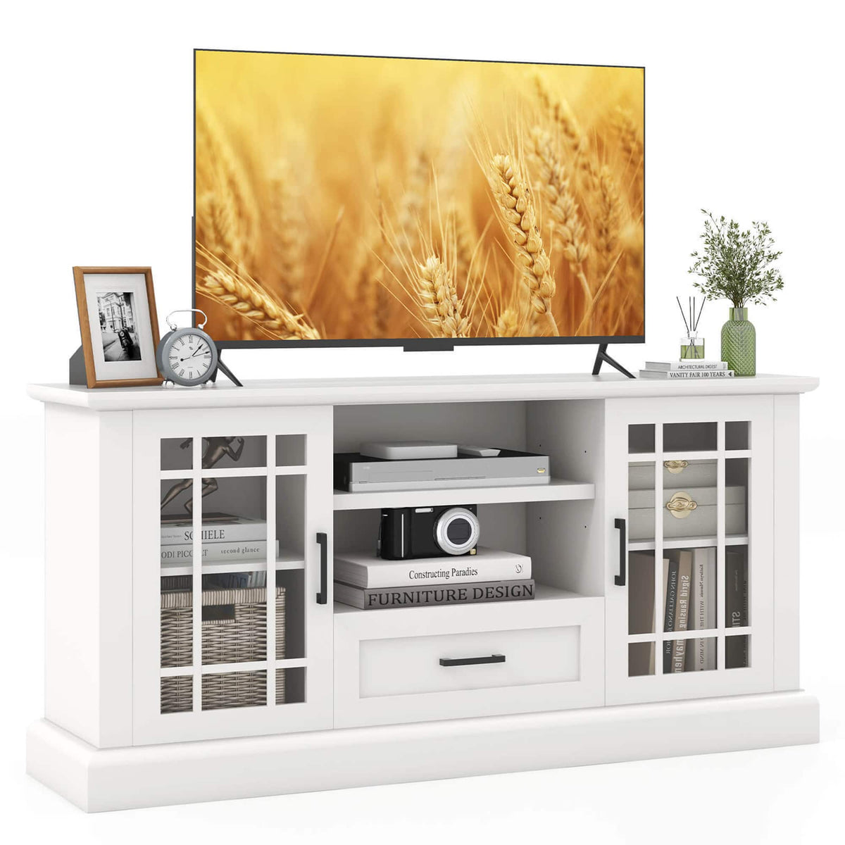 Gymax - Farmhouse TV Stand for TVs up to 70'' Media Center w/Glass Doors Cubbies & Drawer - White