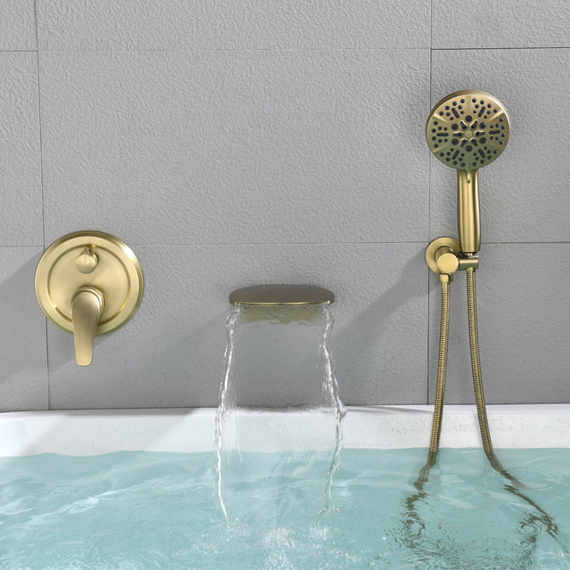Front. Boyel Living - Wall Mount Single Handle 7 Spray Tub and Shower Faucet with Handheld Shower in Brushed Gold Valve Included - Brushed Gold.