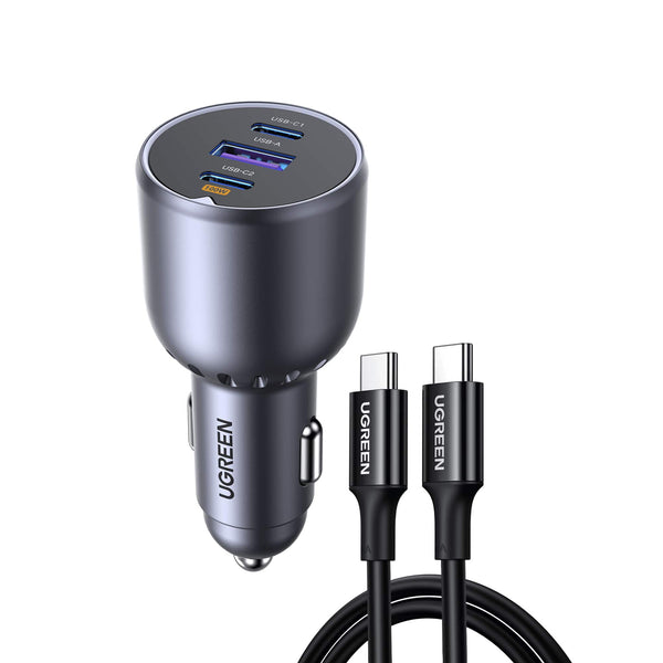 UGREEN - 130W USB-C Fast Car Charger for MacBooks, Laptops, Smartphones, Tablets (3-Port, 100W USB-C Cable Included) - Black