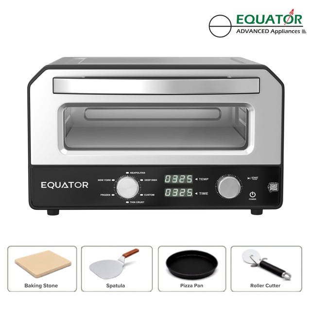 EQUATOR ADVANCED Appliances

NEAPOLITAN
NEW YORK EQUATOR FROZEN
DEEP DISH CUSTOM
TEMP TIME
H START
THIN CRUST
POWER

Baking Stone
Spatula
Pizza Pan
Roller Cutter