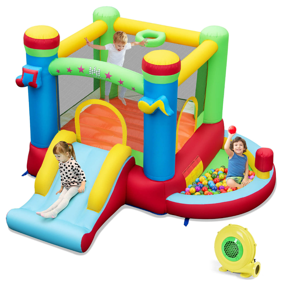 Costway - Inflatable Bounce House, Indoor/Outdoor Jumping Bouncy Castle with 480W Blower - Multicolor