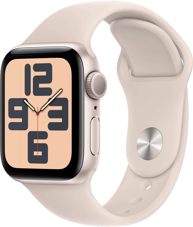 Front. Apple - Refurbished Apple Watch SE 2nd Generation (GPS) 40mm Starlight Aluminum Case with Starlight Sport Band - S/M - Starlight.