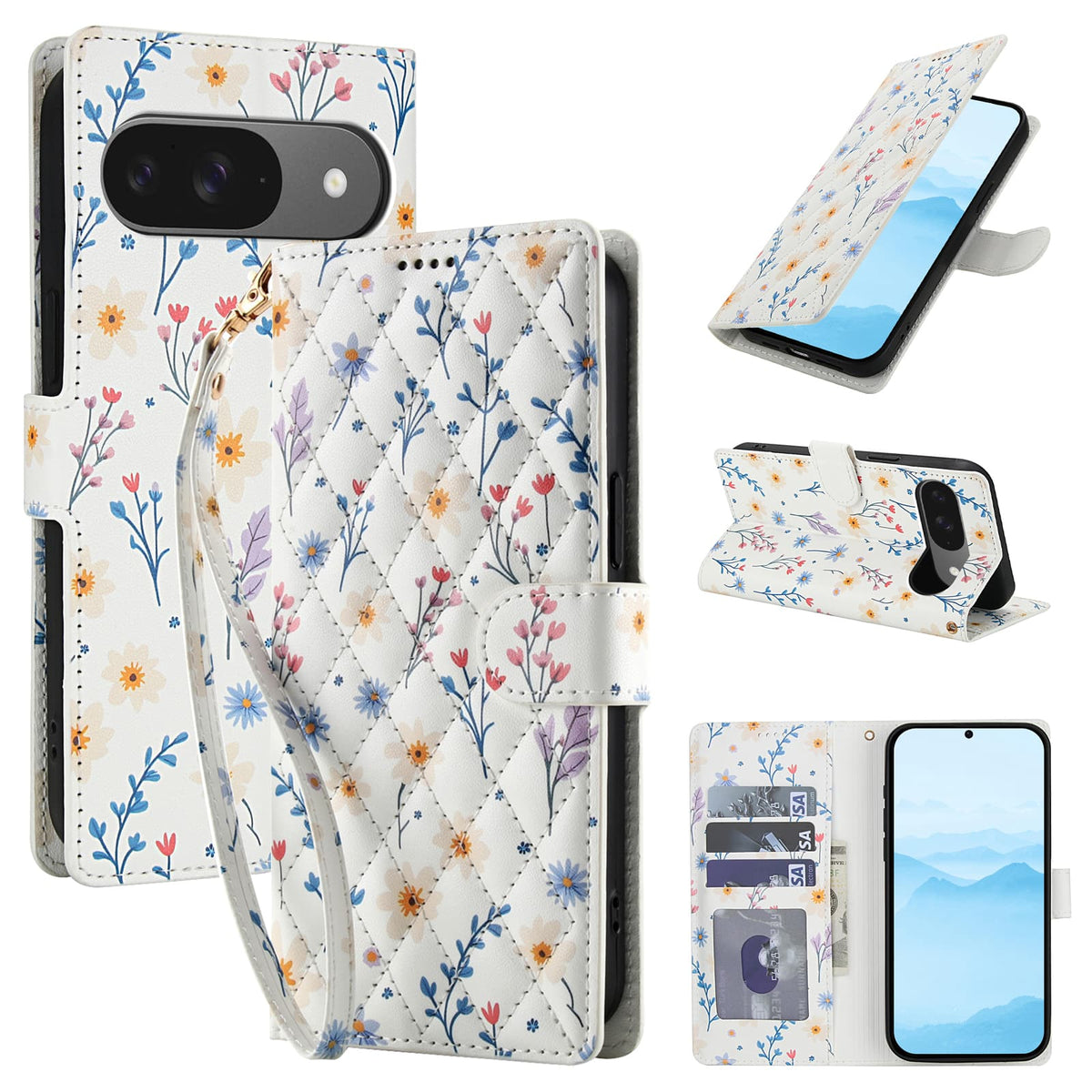 Dteck - Floral Wallet Phone Case for Google Pixel 10 Pro with Wrist Strap, Premium PU Leather Shockproof Protective Flip Cover - E
