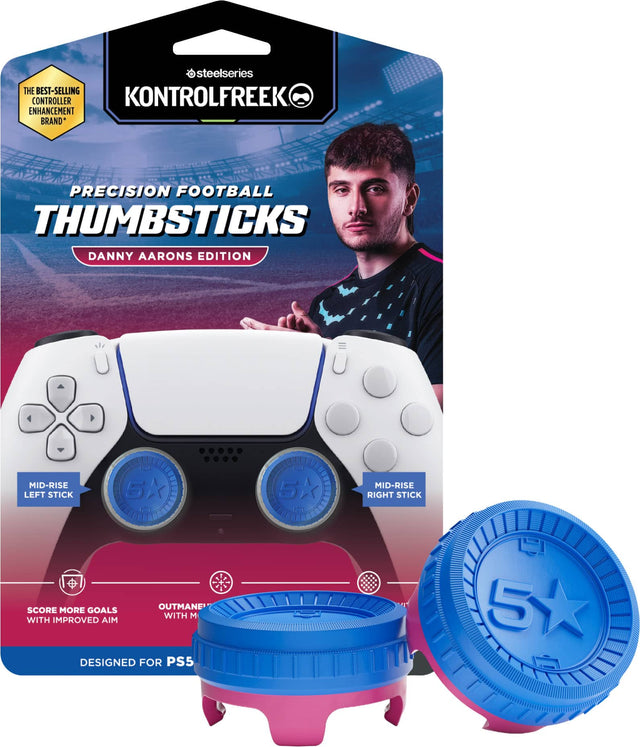 SteelSeries THE BEST-SELLING CONTROLLER KONTROLFREEK ENHANCEMENT BRAND* PRECISION FOOTBALL THUMBSTICKS DANNY AARONS EDITION MID-RISE LEFT STICK 1 5x 5K MID-RISE RIGHT STICK OUTMANE SCORE MORE GOALS WITH IMPROVED AIM DESIGNED FOR PS5
