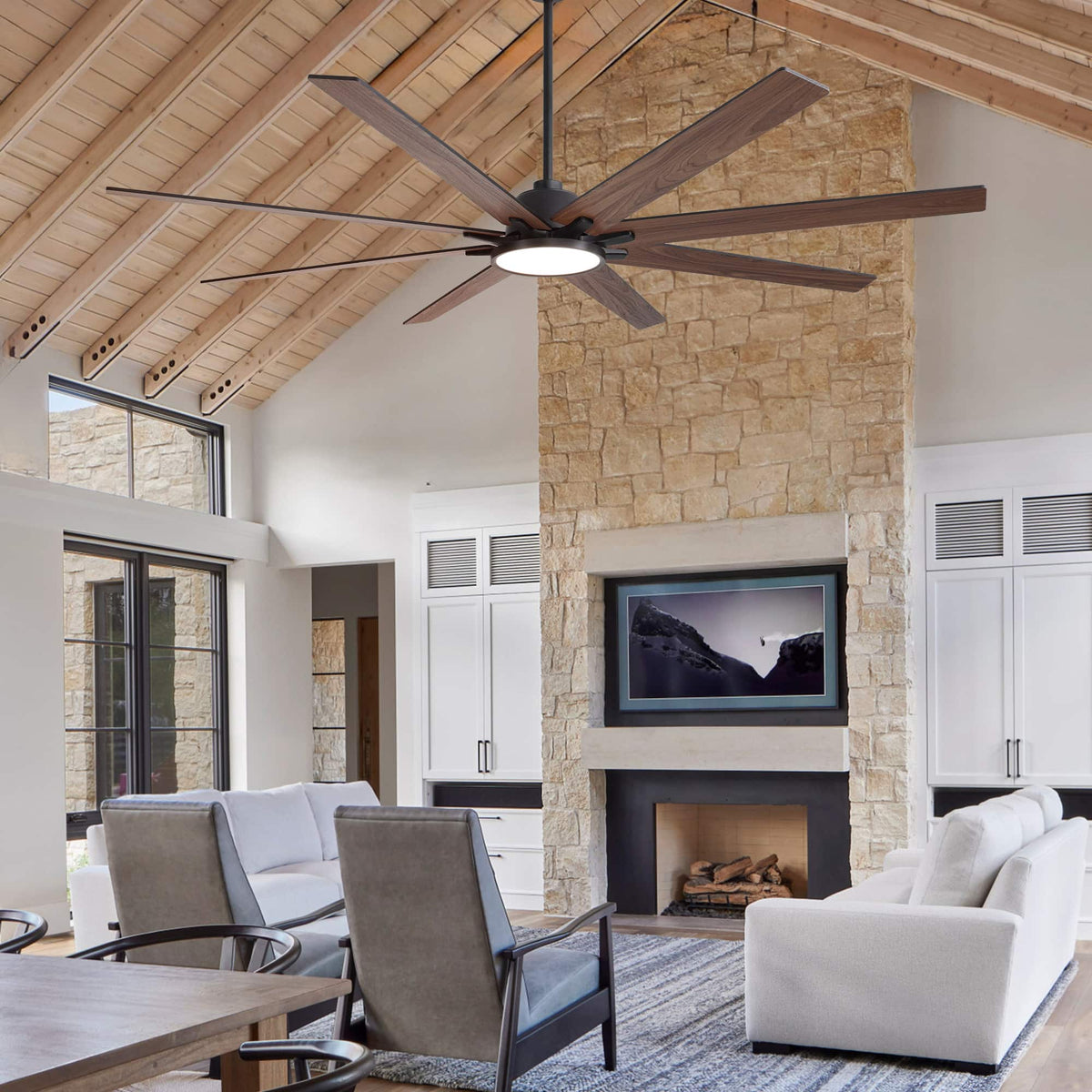Siljoy - 84 Inch Big Ben Wooden Ceiling Fan with LED Light and Remote For Livingroom Garage and Bedroom - Black