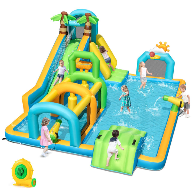 Front. Gymax - Gymax Inflatable Water Slide w/Splash Pool Climbing Wall Football Goal 680W Blower.