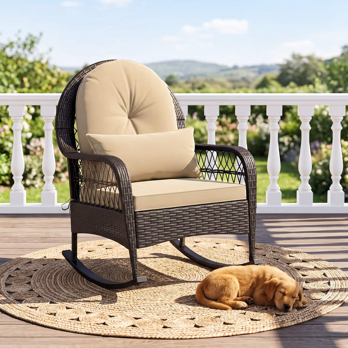 Costway - Outdoor Wicker Rocking Chair with Waist Pillow & Soft Removable Cushions for Garden - Mix Brown + Beige
