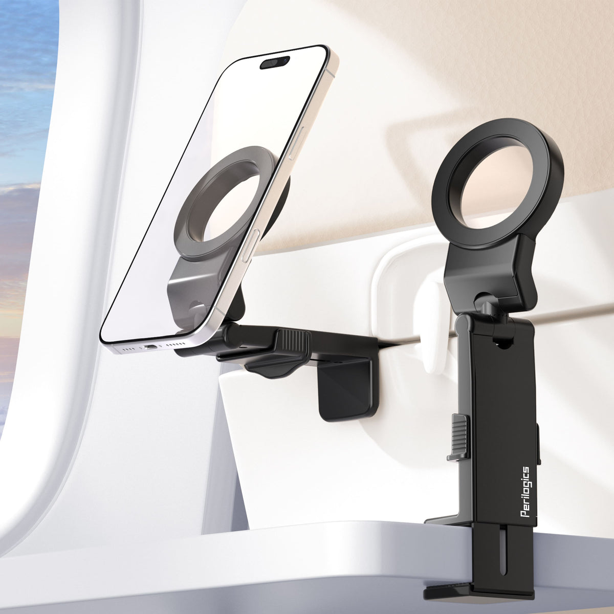 Perilogics - Universal Airplane Travel Phone Holder with MagSafe. Phone Mount for Video Calls, Content Creation and Everyday Use - Black