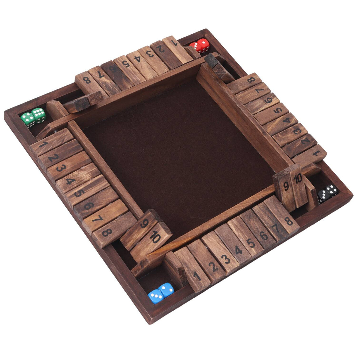 GSE Games & Sports Expert - 4-Player 10 Numbers Wooden Shut The Box Dice Board Game with 8 Dice. 4-Way Shut The Box Set
