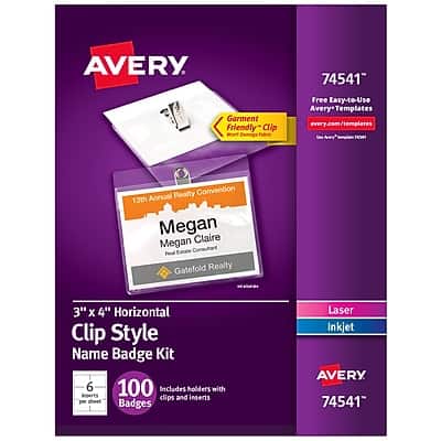 Avery - Clip On Name Badge Kit, 3" x 4", 100 Labels/Box - White/Clear