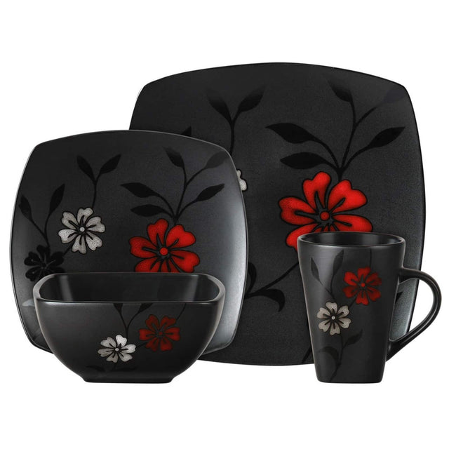 Front. Gibson - Gibson 16-Piece Evening Blossom Dinnerware Set - Black and Red.