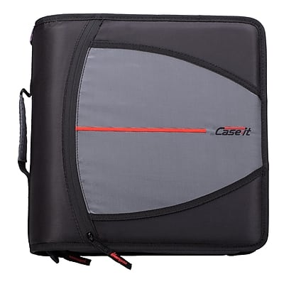 Front. Case It - Mighty Zip Tab 3" 3-Ring Zipper Binders - Black.