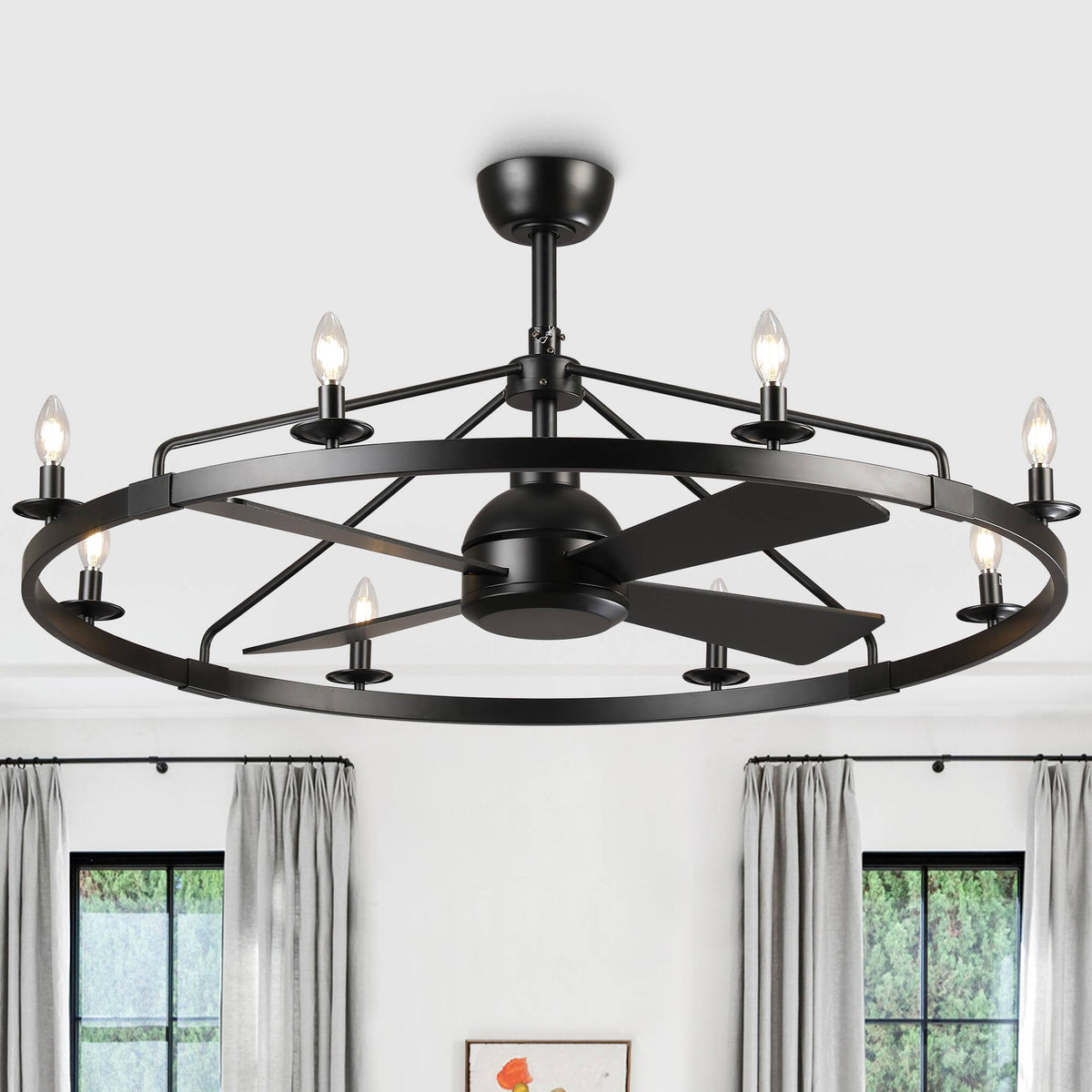 Vaczon - 43" Industrial Caged Wagon Wheel Fandelier Ceiling Fan with Light and Remote - Matte Black