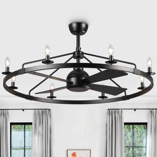 Front. Vaczon - 43" Industrial Caged Wagon Wheel Fandelier Ceiling Fan with Light and Remote - Matte Black.