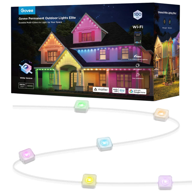 Govee Permanent Outdoor Lights Elite is a durable, multi-colored lighting solution that can be used to illuminate your outdoor space. The lights are Wi-Fi enhanced, providing a 100-foot range and enhanced brightness. They are compatible with both Alexa and Google Home, making them a smart lighting option. The lights come with a 28-foot extension cord, allowing you to place them at a distance from your home. With a total of 2880lm of brightness, these lights are perfect for lighting up your outdoor space and