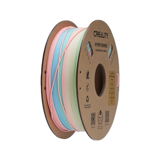 CREALITY HYPER SERIES  
3D PRINTER FILAMENT  

- High PLA  
- Mild Bromine  
- No Heavy Metals  
- No Phthalates  
- No BPA  

- Net Weight: 1.75 kg  
- Printing Temperature: 200-230°C  
- Printing Speed: 30-60 mm/s  
- Printing Layer Height: 0.1-0.3 mm  
- Storage Temperature: 15-25°C  

- Spooled from Recycled Material  

- CREALITY  
- Dual Color  
- Original Design  

- Scan QR Code for More Info