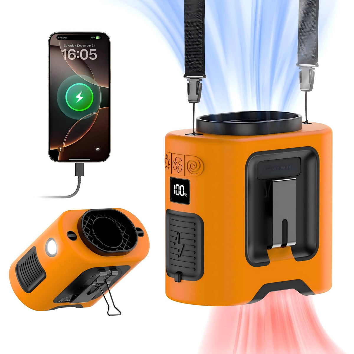PRIMEPLUS - 14500mAh Portable Waist Fan, 360° Clip-on Rechargeable, 5-Speed 67H Battery Light, Neck Fan for Outdoor Camping - Orange