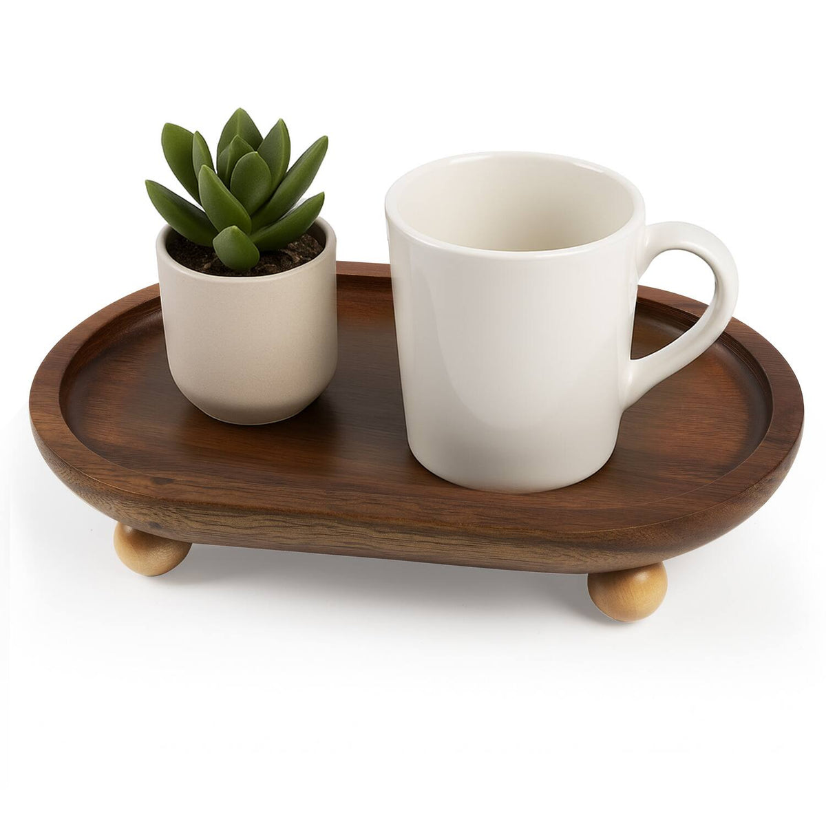 Garnen - Kitchen Wooden Serving Tray Acacia Wood Tray for Coffee Table Bathroom Vanity Counter Oval Pedestal Stand Wood Tray - Brown