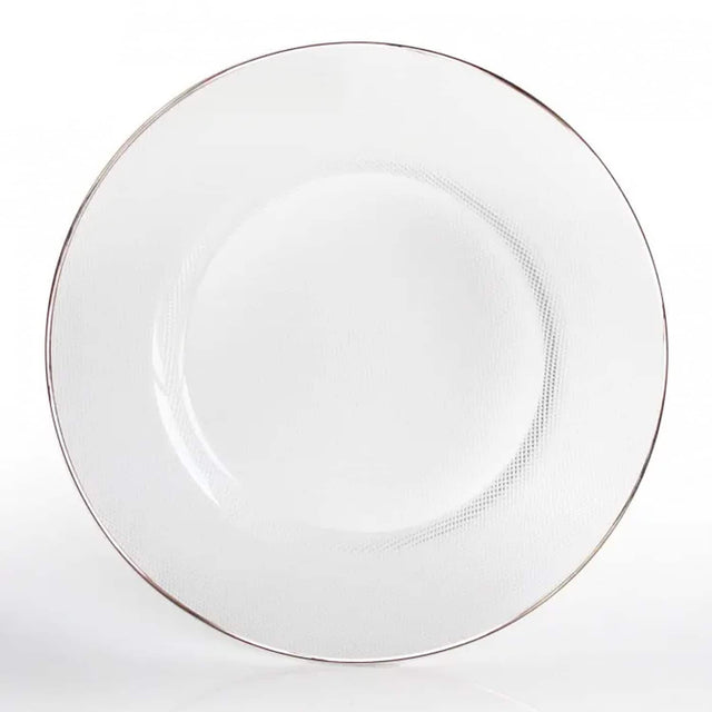 Front. American Atelier - Glass Charger Plate 13"D with Platinum 5 Cm Rim - Silver.