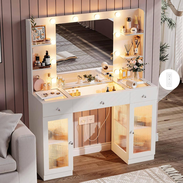 Front. DIYSET - DIYSET Vanity Desk with Lighted Mirror, Glass Top Vanity with 2 Cabinets & 3 Drawers & 4 Shelves - White - White.