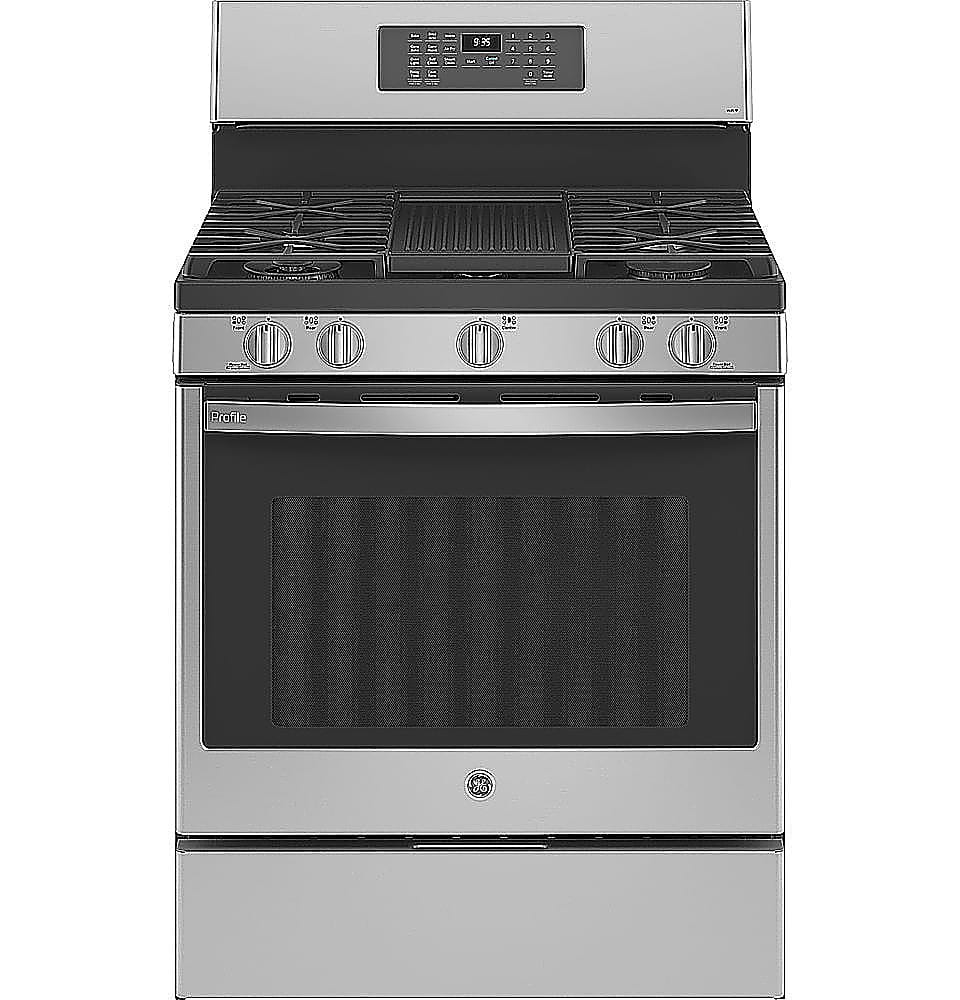 GE Profile - 30 in. Wide 5 Burners 5.6 Cu. Ft. Freestanding Smart Gas True Convection Range with Hot Air Fry - Stainless Steel