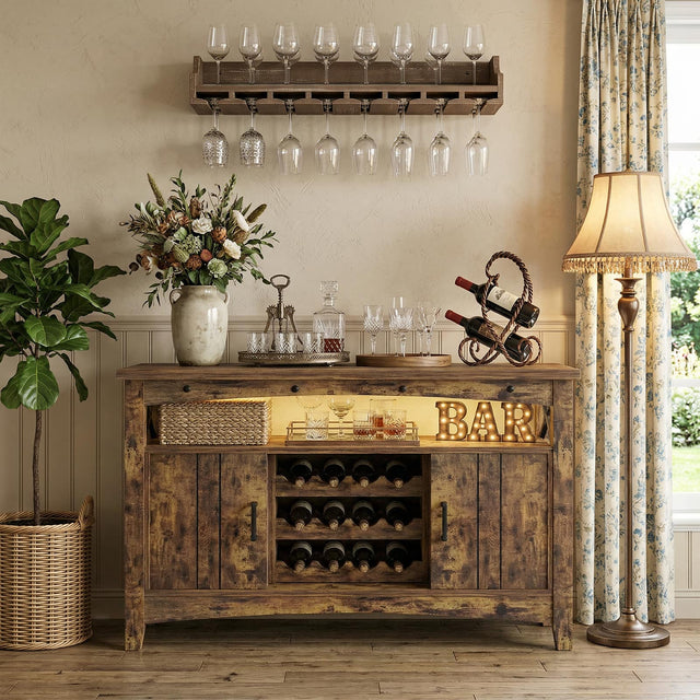 Front. Aheaplus - Farmhouse Coffee Bar Cabinet with Charging Station, LED Lights & Movable Wine Rack - Brown.