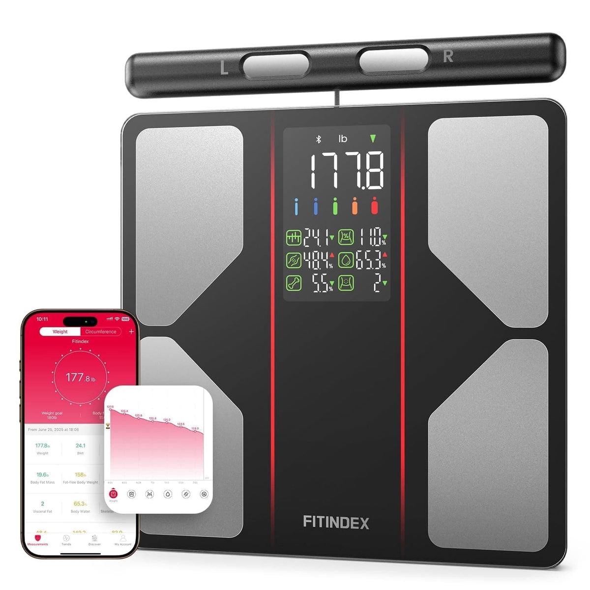 FITINDEX - Smart Scale for Body Weight, Body Composition Analyzer with 8-Electrode - Black