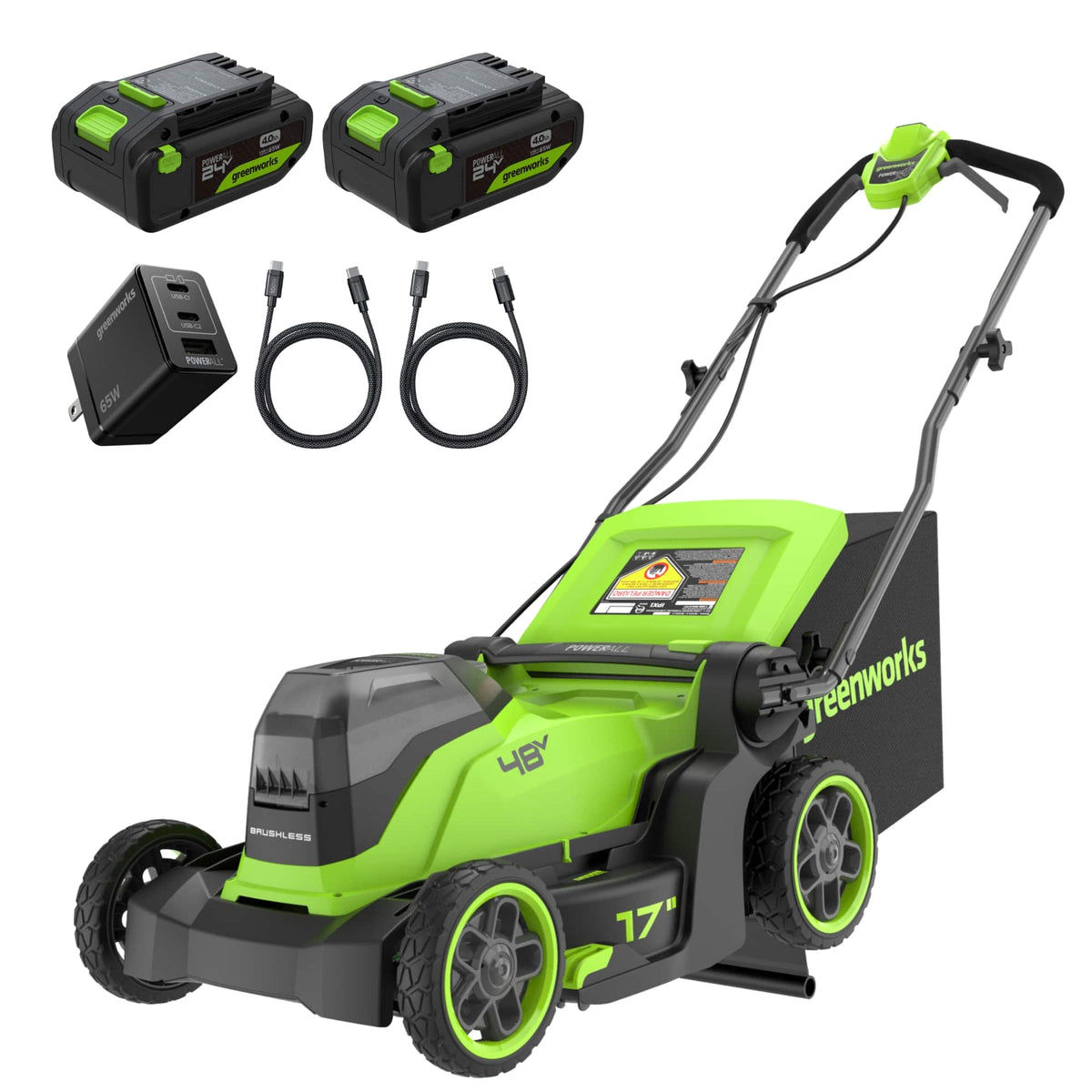Greenworks - 48V (24V x 2) 17" Brushless Cordless Push Lawn Mower, (2) 4.0Ah Batteries and Dual Port Charger - Green