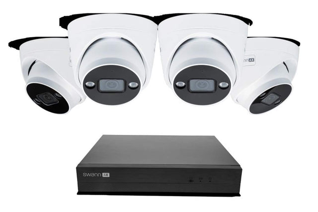 Front. Swann - Swann AdvancedX Wired NVR 4K Security Camera System, 8 CH, 4 PoE Dome Cameras Outdoor, 1TB, Night Vision, Motion Detect - White.