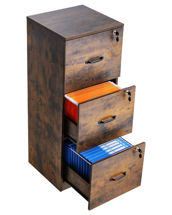 VEVOR - 3 Drawer File Cabinet with Lock, Vertical Filing Storage Cabinets for Home Office, Heavy-Duty Locking Cabinet - Burnt Wood