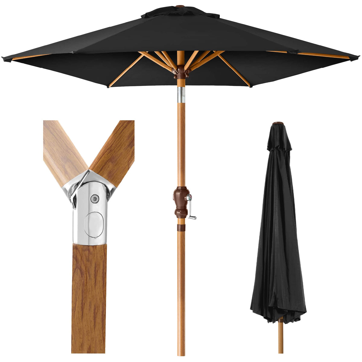Best Choice Products - 10ft Outdoor Woodgrain Pattern Steel Market Patio Umbrella w/ Crank, Tilt - Black - Black - Woodgrain Finish