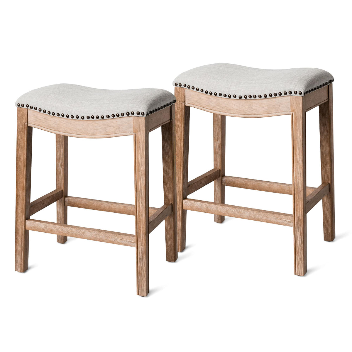 Maven Lane - Adrien Saddle Counter Stool Finish w/ Sand Color Fabric Upholstery, Set of 2 - Weathered Oak