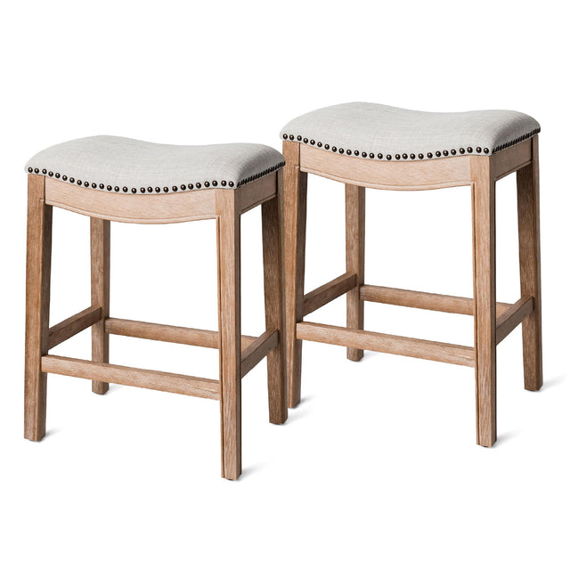 Front. Maven Lane - Maven Lane Adrien Saddle Counter Stool in Weathered Oak Finish w/ Sand Color Fabric Upholstery, Set of 2 - Weathered Oak.