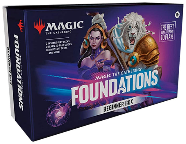 MAGIC THE GATHERING  
FOUNDATIONS  
BEGINNER BOX  

2 INSTANT-PLAY DECKS  
2 LEARN-TO-PLAY DECKS  
8 JUMPSTART DECKS  
AND MORE!  

THE BEST WAY TO LEARN TO PLAY!  

13+
