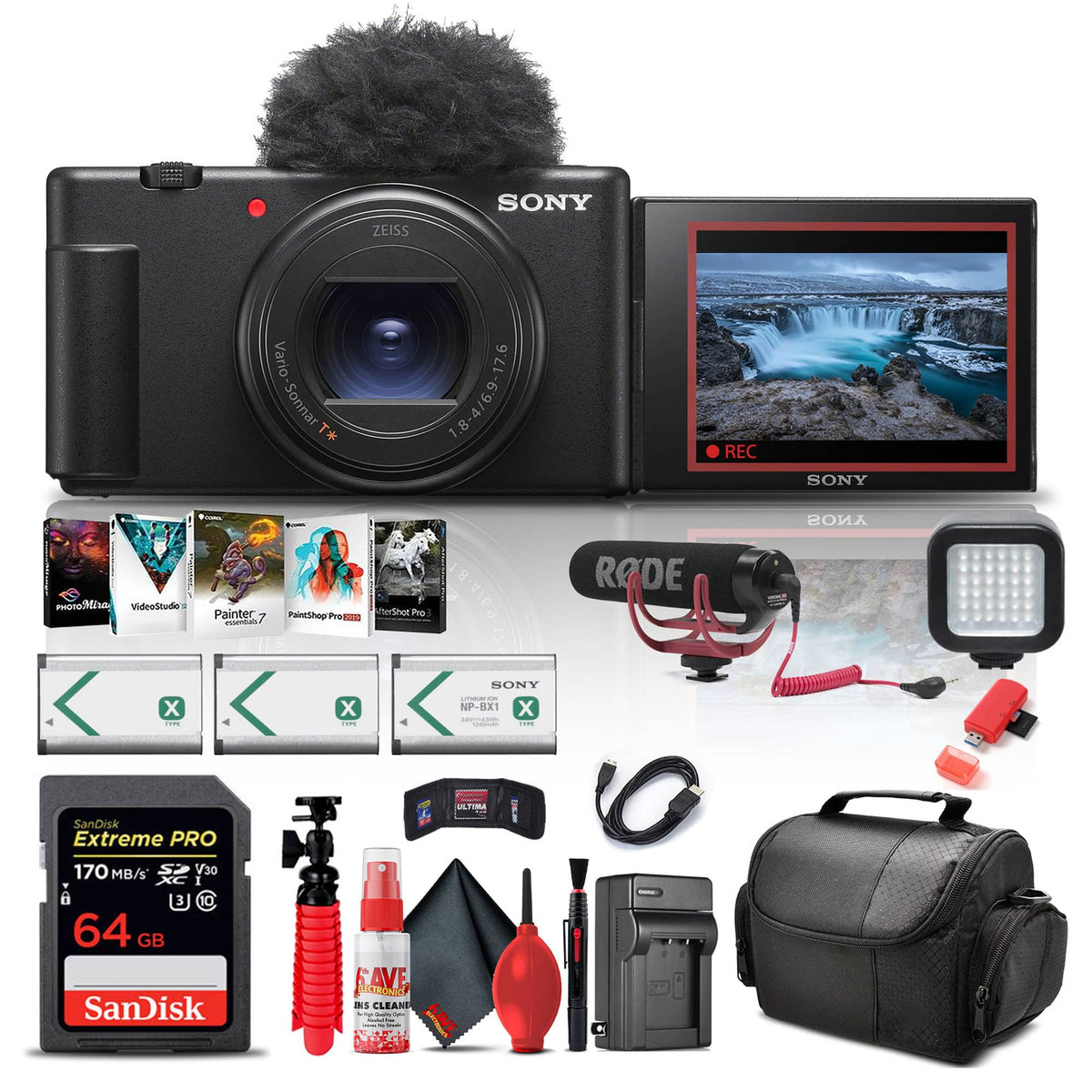 Bundle - Sony - ZV-1 II Digital Camera + Pro Mic + 64GB Memory Card + Photo Software + More - Black Pro