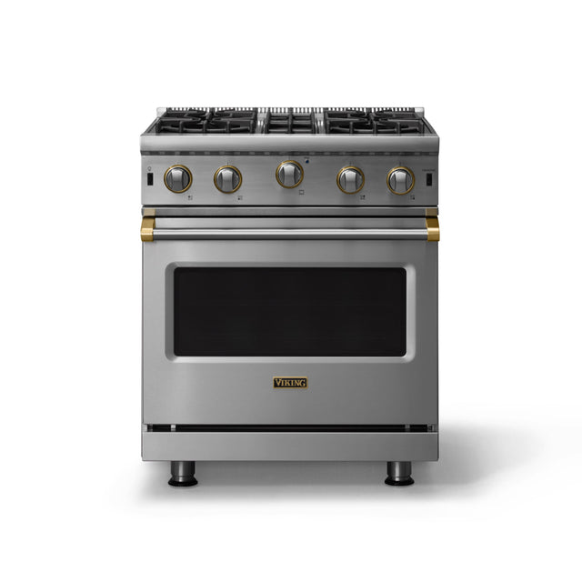 Front. Viking - 30"W. 4.0 Cu. Ft. Freestanding Self-Clean Open Burner Gas Convection Range - Stainless Steel w. Brushed Brass Trim - Stainless steel.