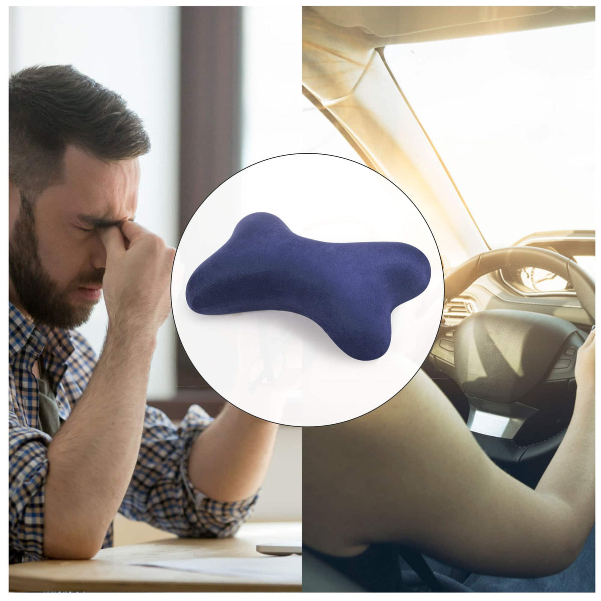 Oumilen - Bone-Shaped Memory Foam Car Pillow, Navy - Blue
