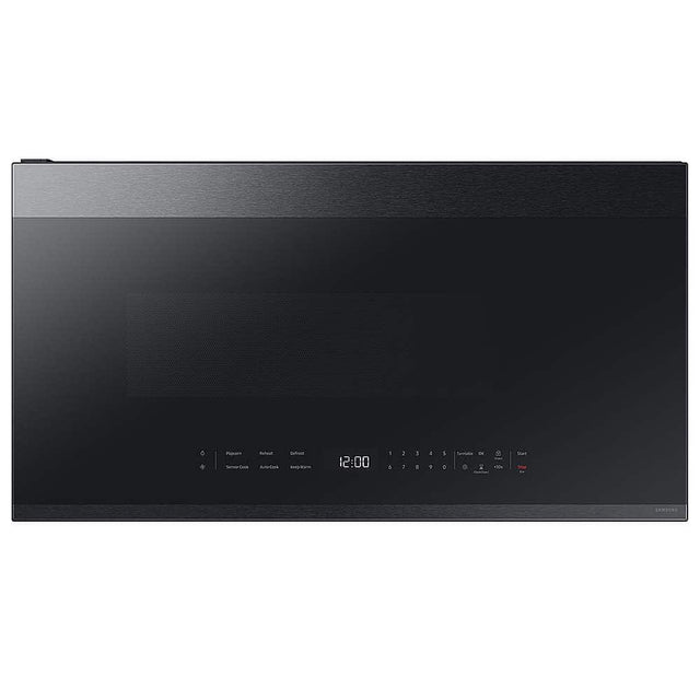 Front. Samsung - OPEN BOX Bespoke 2.1 Cu. Ft. Over-the-Range Microwave with Sensor Cooking and Edge to Edge Glass Display - Matte Black Steel.
