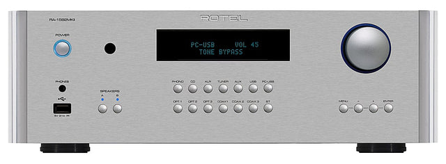 RA-1 582MKI  
ROTEL  
POWER  
PC-USB VOL 45 TONE BYPASS  
PHONES  
PHONO C  
XLA  
TUNER  
AUX  
USB  
PC-USB  
SPEAKERS  
A D  
OPT1  
OPT2  
OPT3  
COAX1  
COAX2  
COAX3  
BT  
MENU  
ENTER  
BV 21A