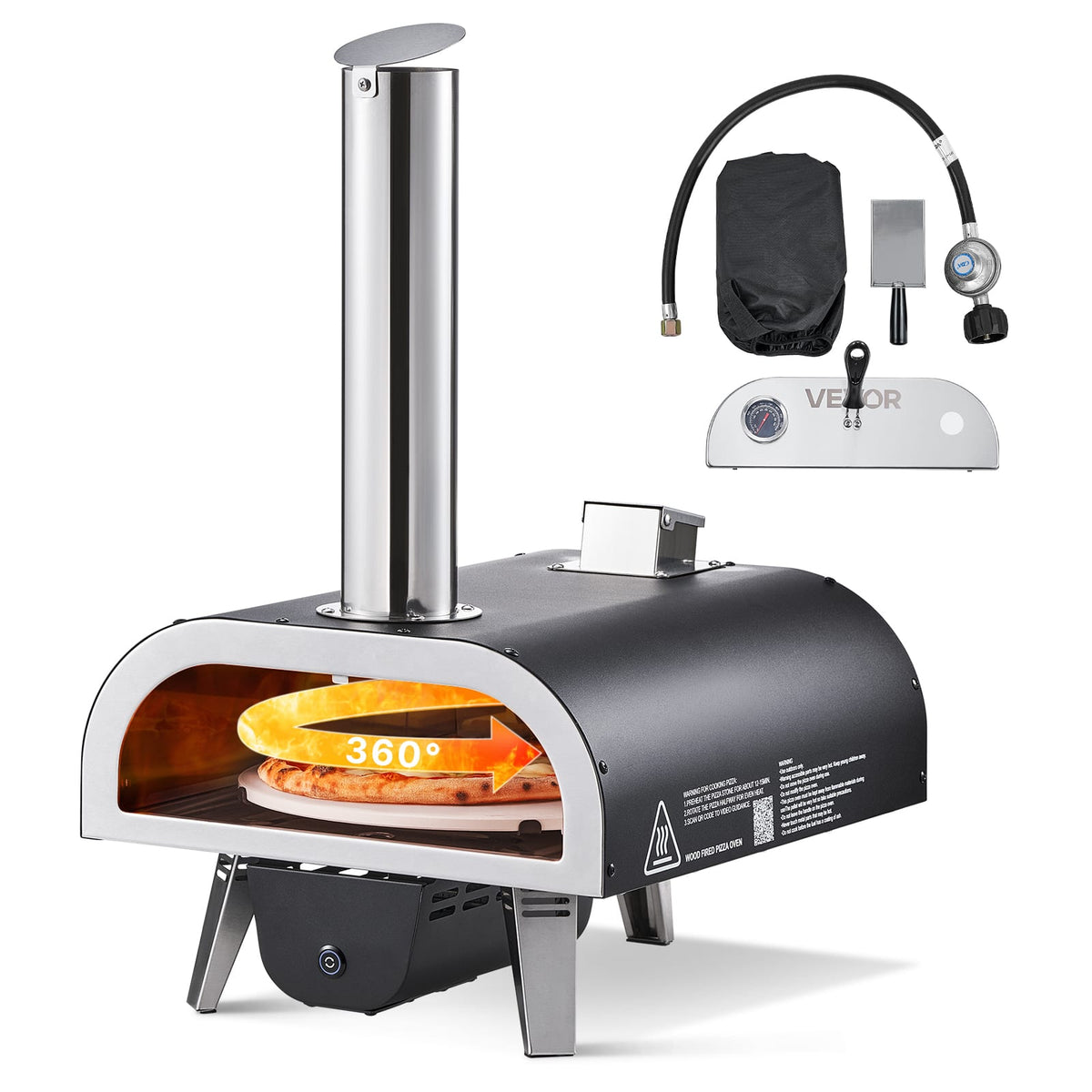 VEVOR - Dual Fuel Pizza Oven Outdoor, 12 in Wood Fire & Propane Gas Pizza Oven, Pellet & Propane Pizza-Maker with Thermometer - Black (spray)