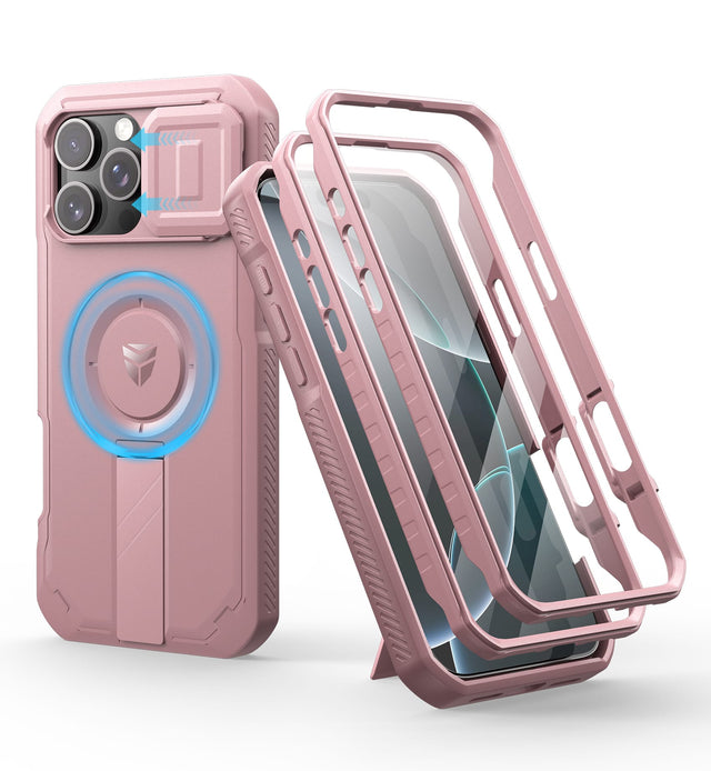 Front. Dexnor - Shockproof Bumper Case for iPhone 16 Pro Max with Camera Cover, Screen Protector, Compatible With MagSafe - Peony Pink.