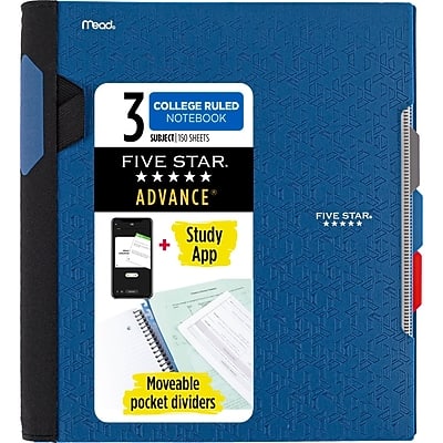 Mead  
COLLEGE RULED 3 SUBJECT NOTEBOOK 150 SHEETS  
FIVE STAR  
ADVANCE  
Study App  
Moveable pocket dividers