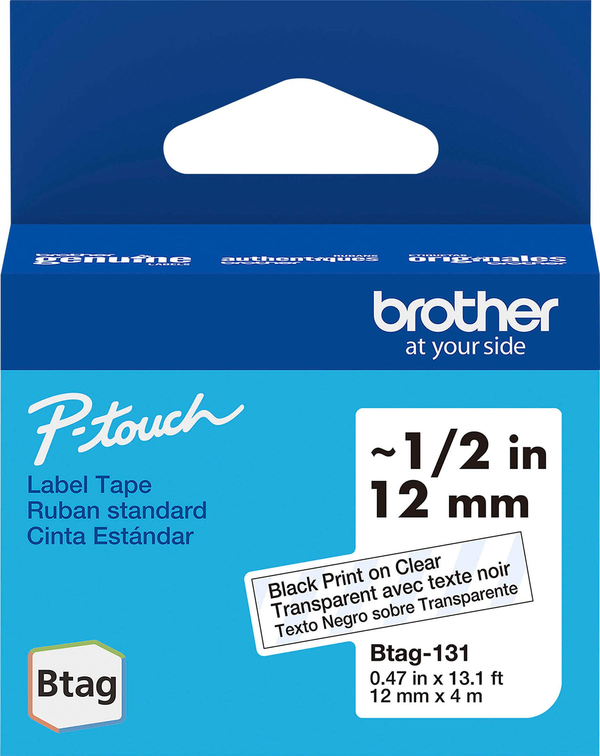 Brother - P-touch Btag Black on Clear Label Tape (BTAG131), 1/2" x 13'1 (12mm x 4m), Only for use with PT-N10, PT-N20, PT-N25BT
