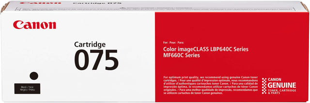 Canon  
Cartridge 075  

Black / Noir  
Negro / Preto  

For: Pour: Para:  
Color imageCLASS LBP640C Series  
MF660C Series  

For optimum print quality, we recommend using genuine Canon toner cartridges.  
Pour une qualité d'impression optimale, nous recommandons d'utiliser des cartouches toner Canon authentiques.  
Para una calidad de impresión óptima, le recomendamos utilizar cartuchos de toner Canon originales.  
Para una mejor calidad de impresión, recomendamos que se utilicen cartuchos de toner Canon 